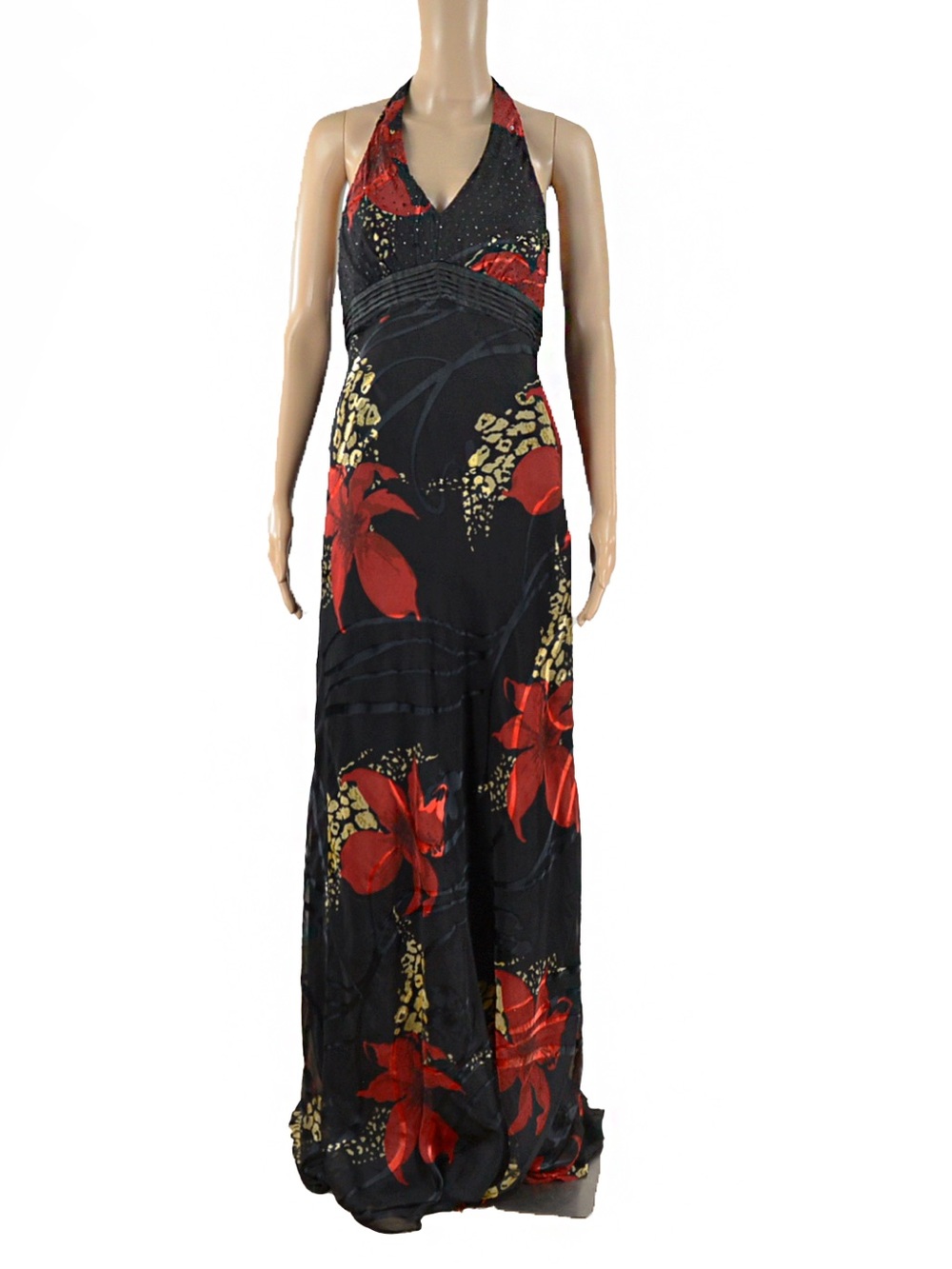 Vintage Le Chateau Beaded Silk Blend Romantic Floral Halter Maxi Dress Y2K 90s